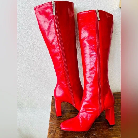 New! Zara Red Leather Knee-High Boots Women’s EU Size 39 - Picture 3 of 13